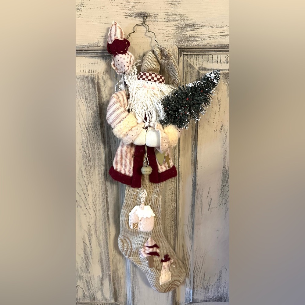 REDUCED Primitive Folk Art Santa Claus Stocking, Christmas Tree Ornament